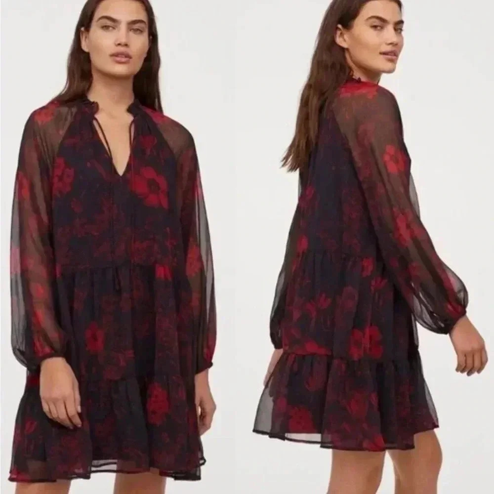 H&M Black Red Floral Long Sleeve Dress